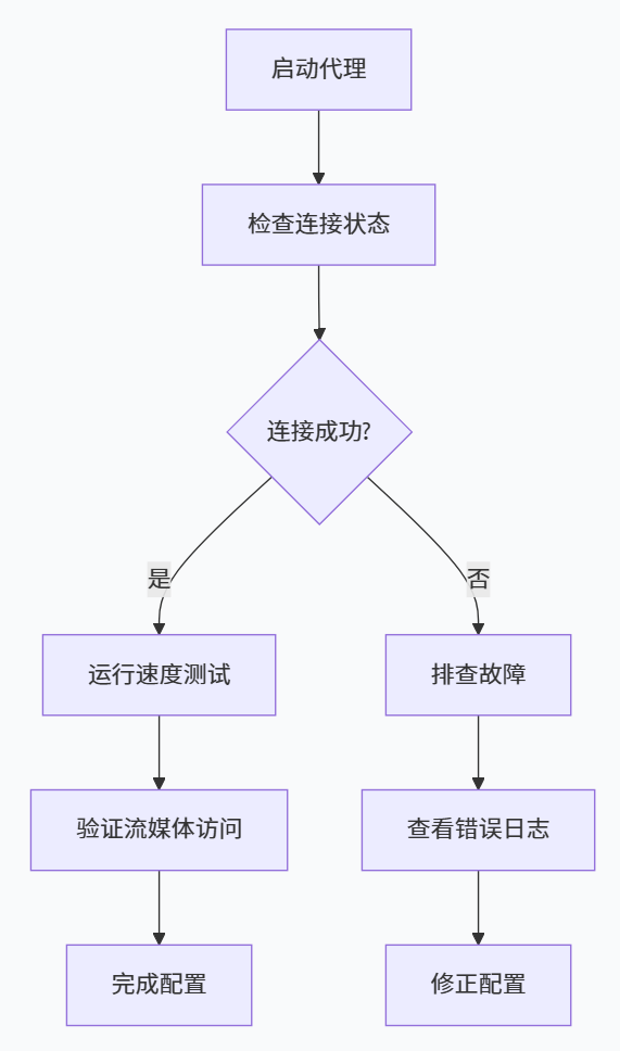 Clash Verge macOS 连接诊断流程图：启动代理、检查连接、成功后验证访问，失败时查看日志并逐项回退